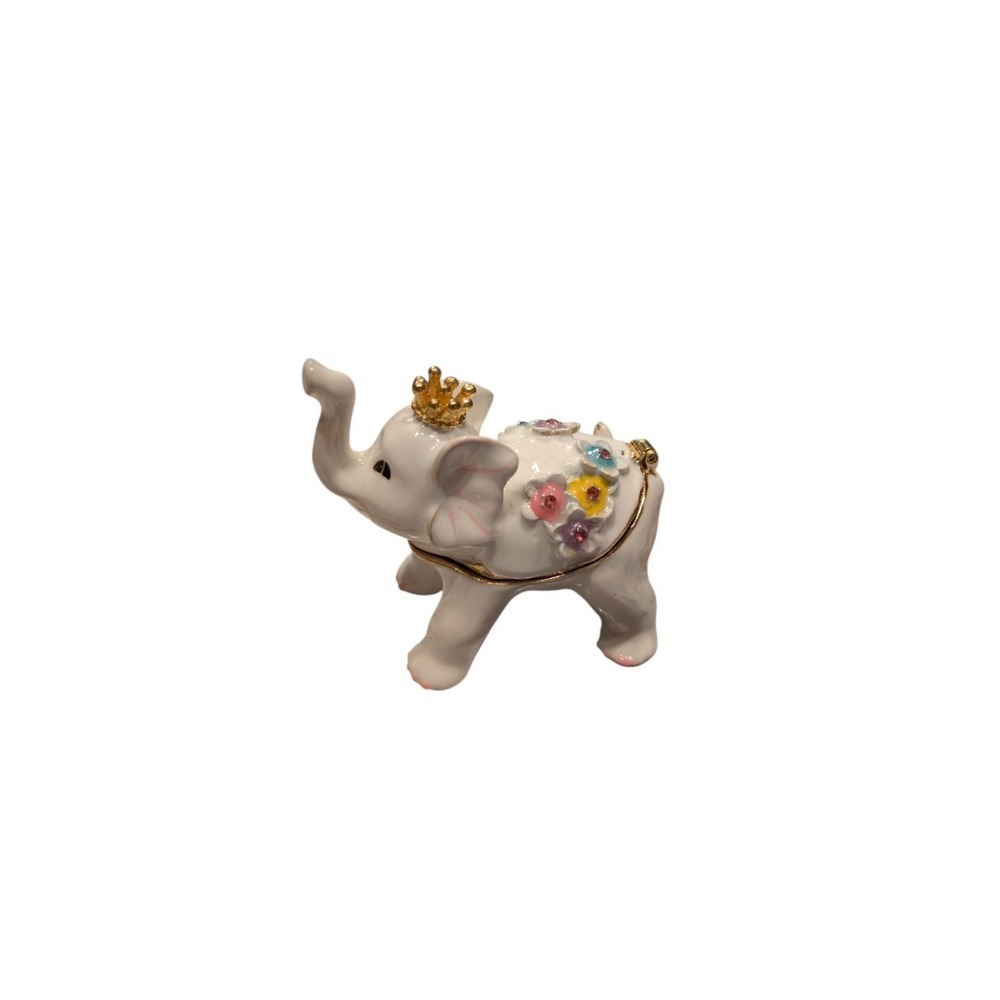 White Happy Elephant Jewelry Box W/Crown‎ On Head 3" Height